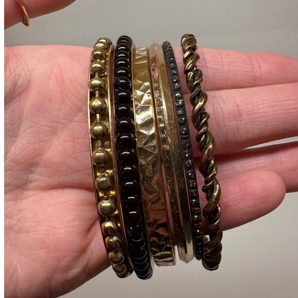 Mixed Metal Bangle Bracelet Set 5pc Gold Black Textured Beaded Twisted J1665